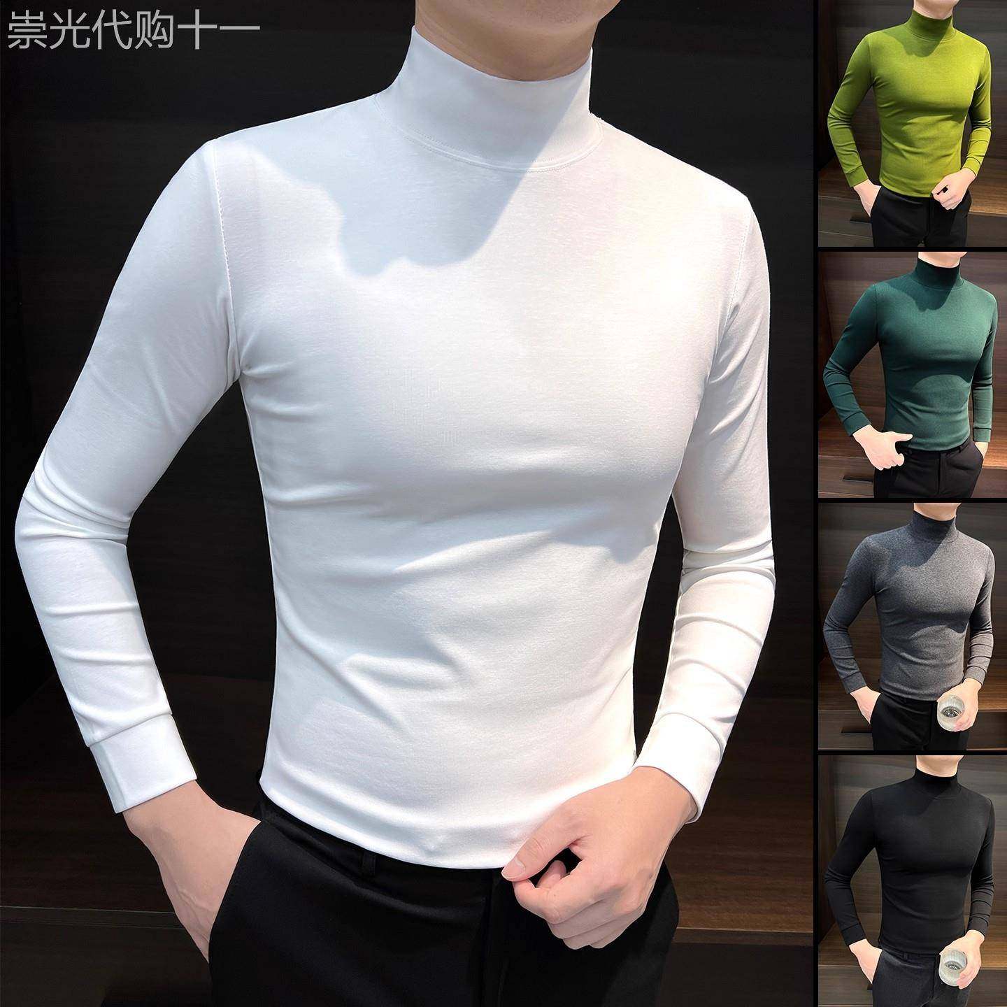 秋冬半高领打底衫男白色高级感时尚内搭上衣高端修身痞帅长袖t恤