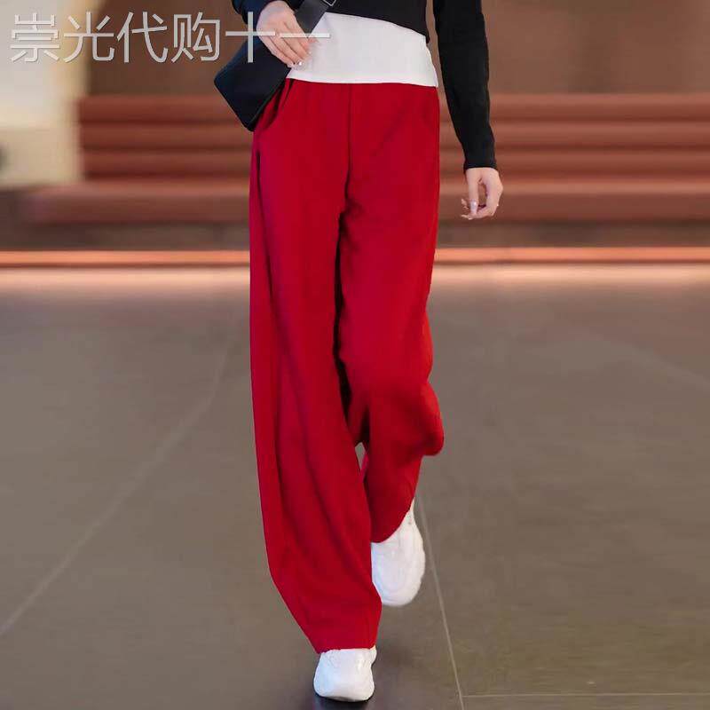 运动阔腿裤女春秋2025年新款高腰显瘦宽松休闲直筒香蕉裤红色卫裤