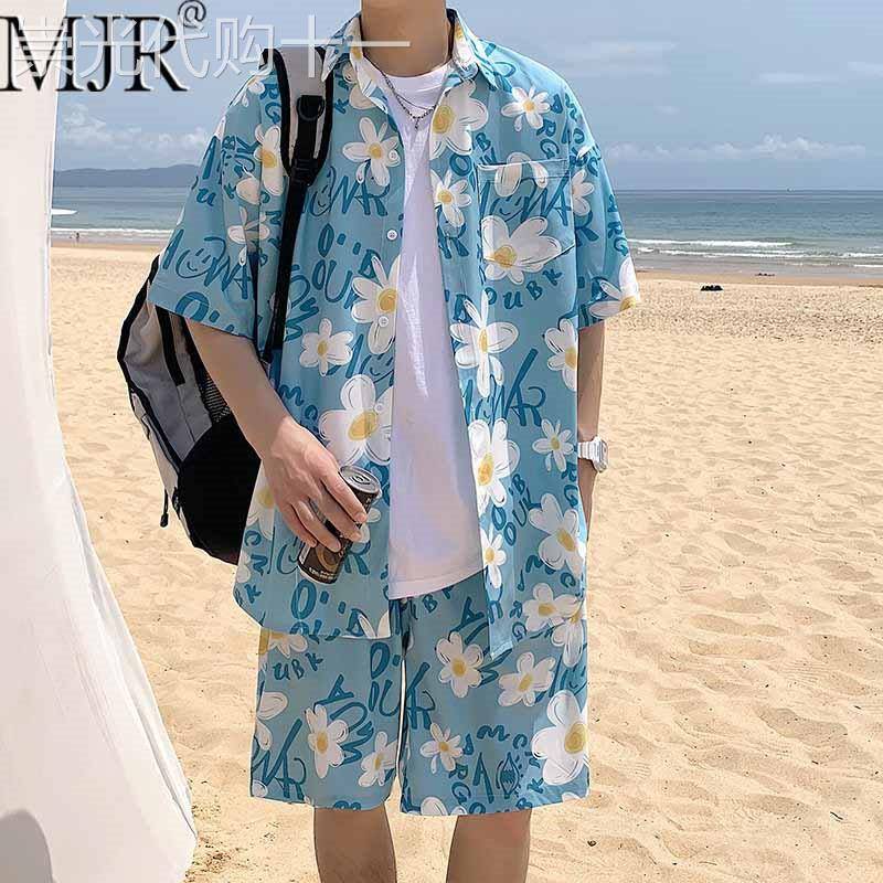潮牌冰丝花衬衫男短袖短裤两件套2026新款夏季穿搭男装一整套搭配