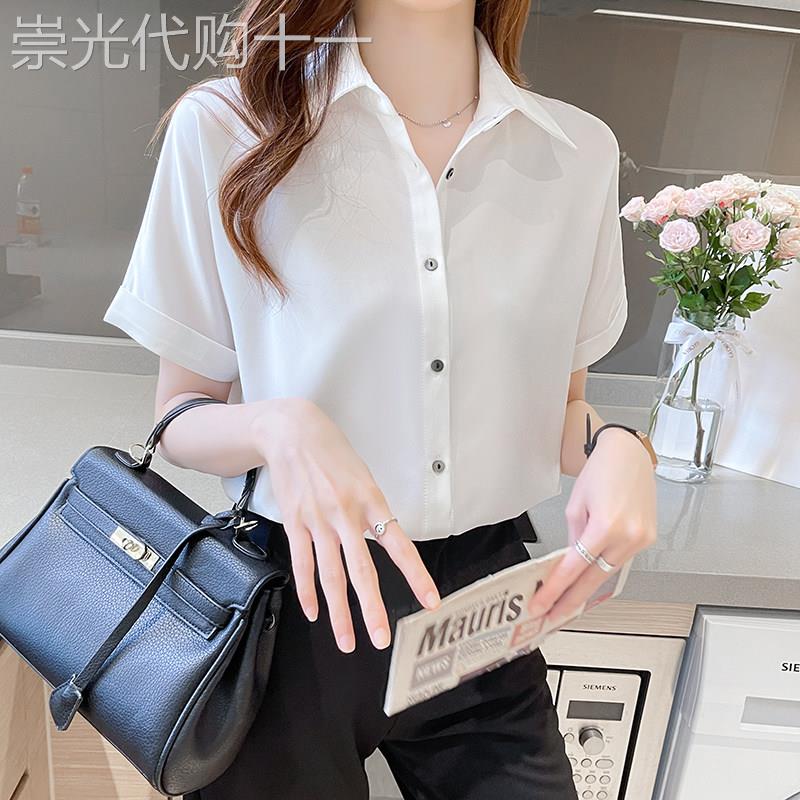 正肩气质职业白衬衫女短袖夏装大码微胖mm显瘦高级设计感衬衣上衣