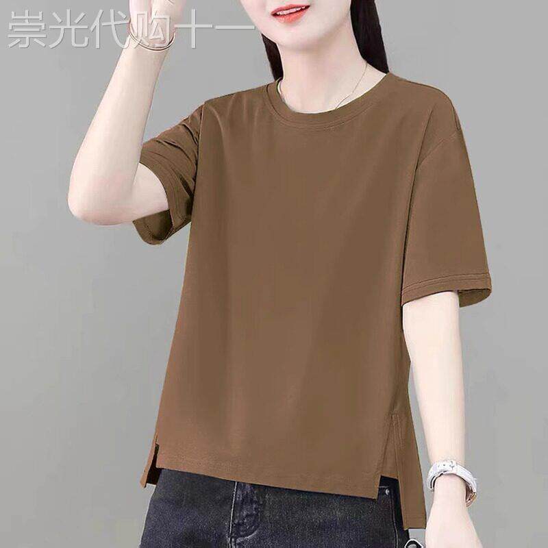 潮牌纯色纯棉t恤女士2026夏季新款圆领百搭宽松显瘦上衣落肩体恤