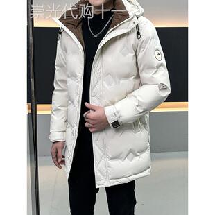 潮牌新款中长款白鸭绒保暖羽绒服男款连帽加厚男士休闲百搭长款