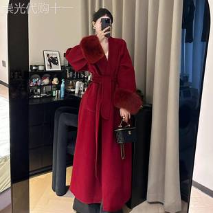 法式红色双面羊毛呢子大衣女2025秋季新款高级感收腰长款毛呢外套