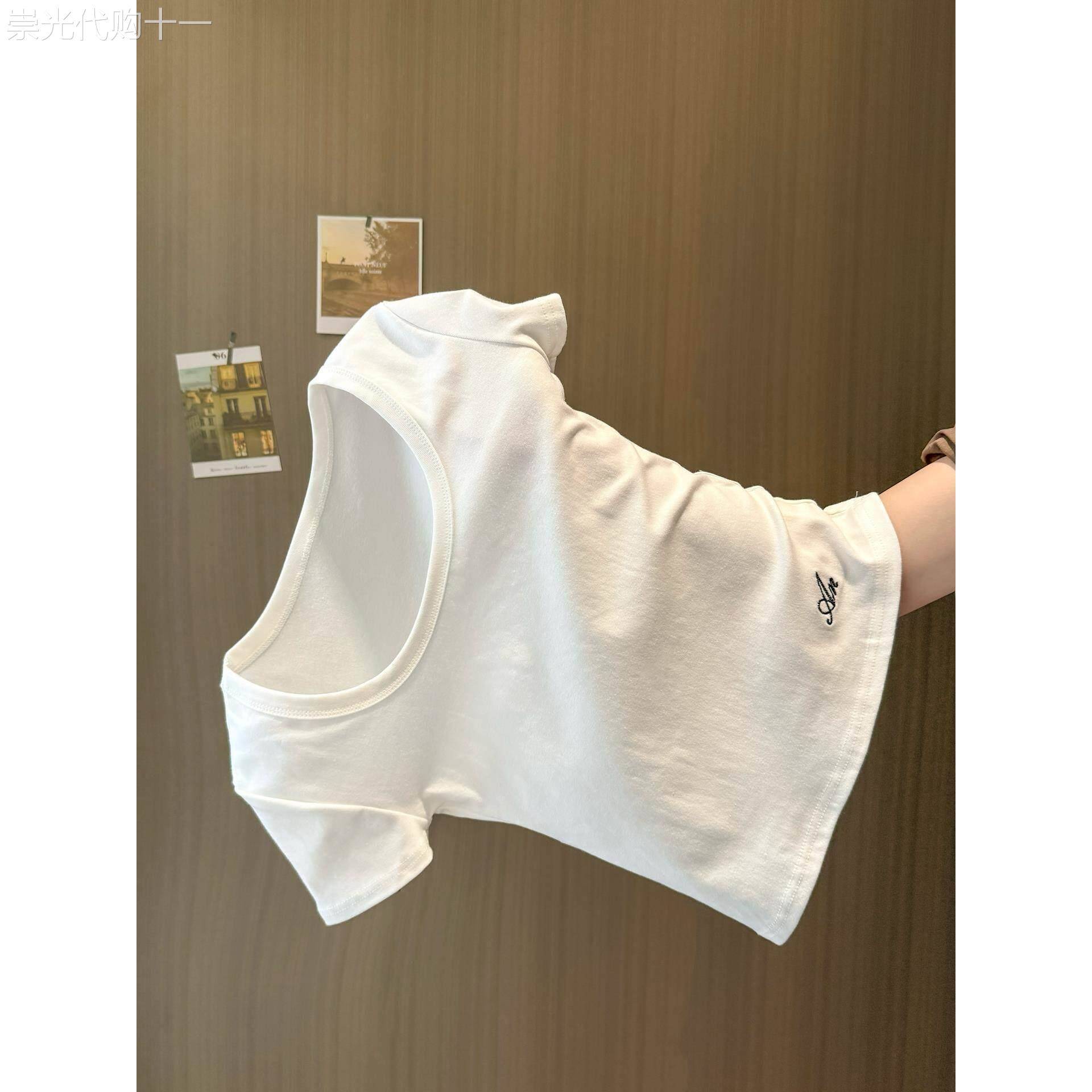 白色U领正肩短袖T恤女夏季修身韩版内搭可外穿短款打底衫刺绣上衣