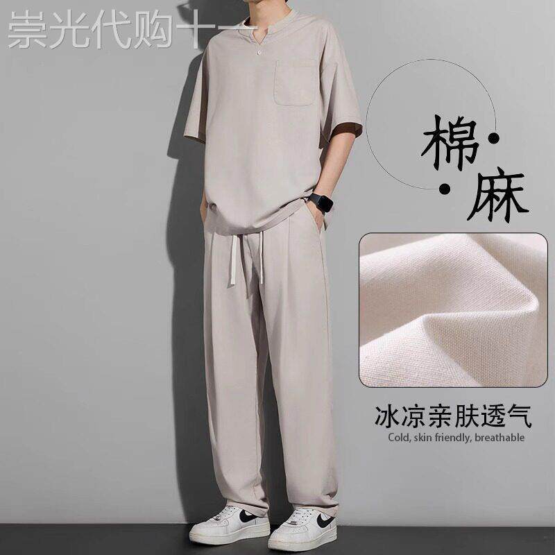 潮牌亚麻运动套装男士夏季2025新款冰丝棉麻短袖t恤休闲 裤两件套
