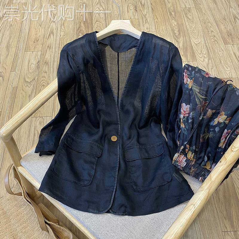 国风苎麻一粒扣V领西装外套女夏季新款设计感七分袖薄款防晒上衣