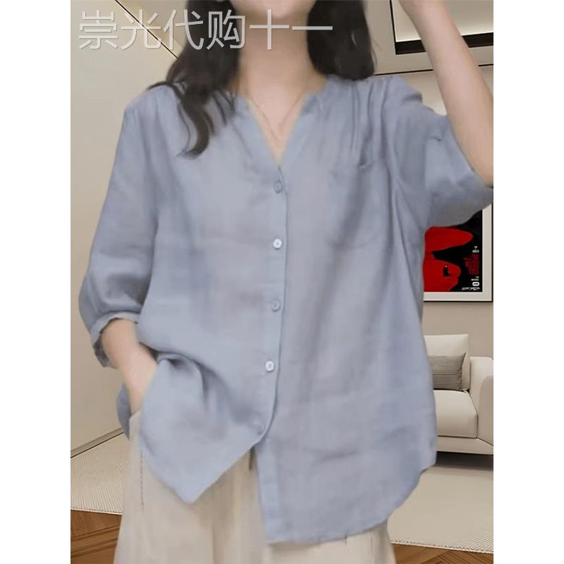 小众薄款蓝色超好看衬衣夏季新款女装五分袖上衣衬衫V领漂亮显瘦