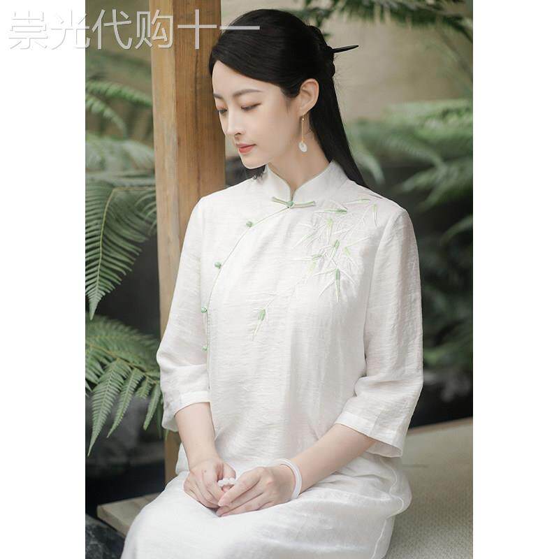 文艺复古民国改良旗袍连衣裙刺绣中国风女装中式禅意棉麻茶服女夏