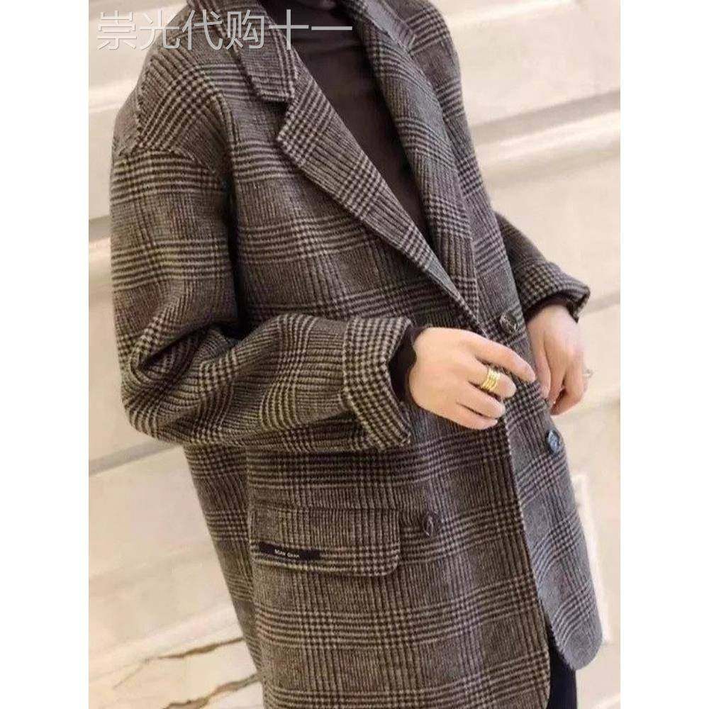 小个子英伦格子西装毛呢外套女2025秋冬大码胖mm百搭显瘦呢子上衣