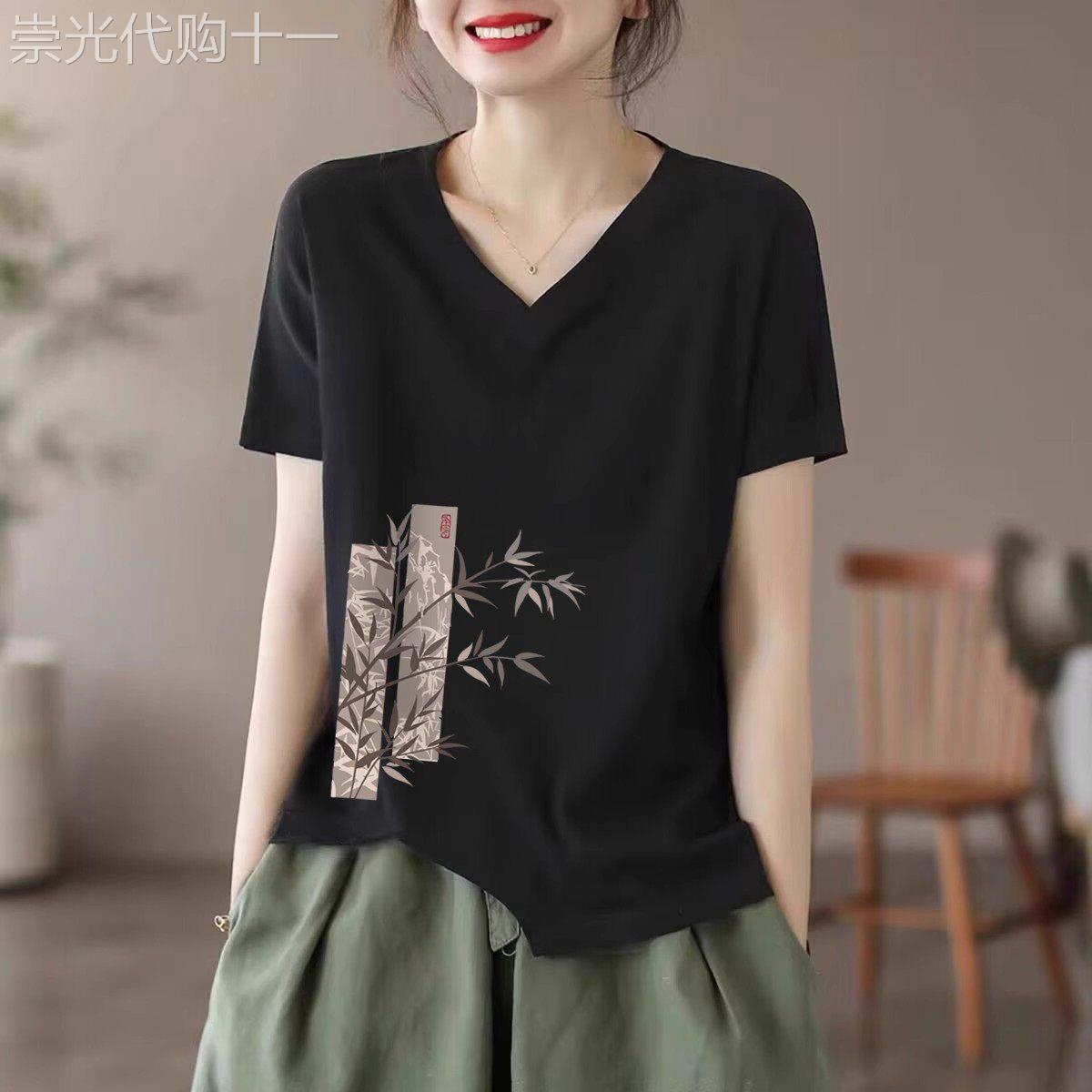 纯棉短袖t恤女士夏季薄款2025新款宽松显瘦不规则V领半袖T恤上衣