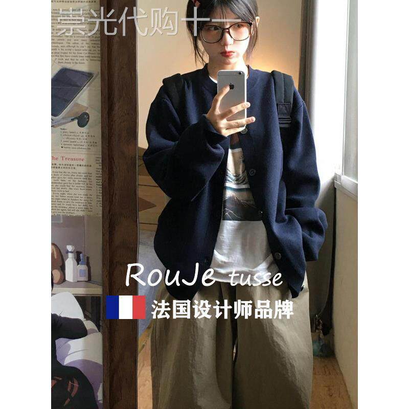 藏青色羊绒毛衣外套女秋冬款洋气宽松慵懒中长款针织开衫羊毛上衣