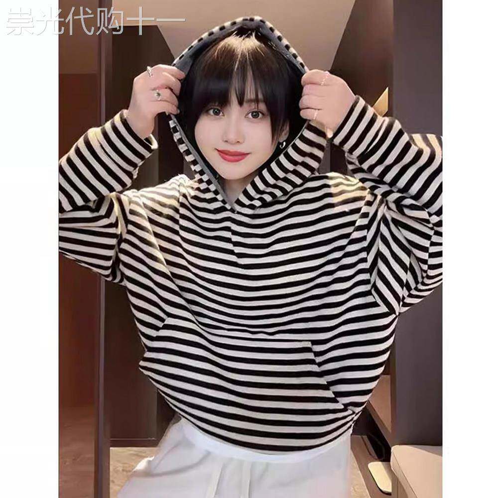 慷懒风短款条纹连帽卫衣女2025春秋新款欧货宽松休闲内搭长袖上衣