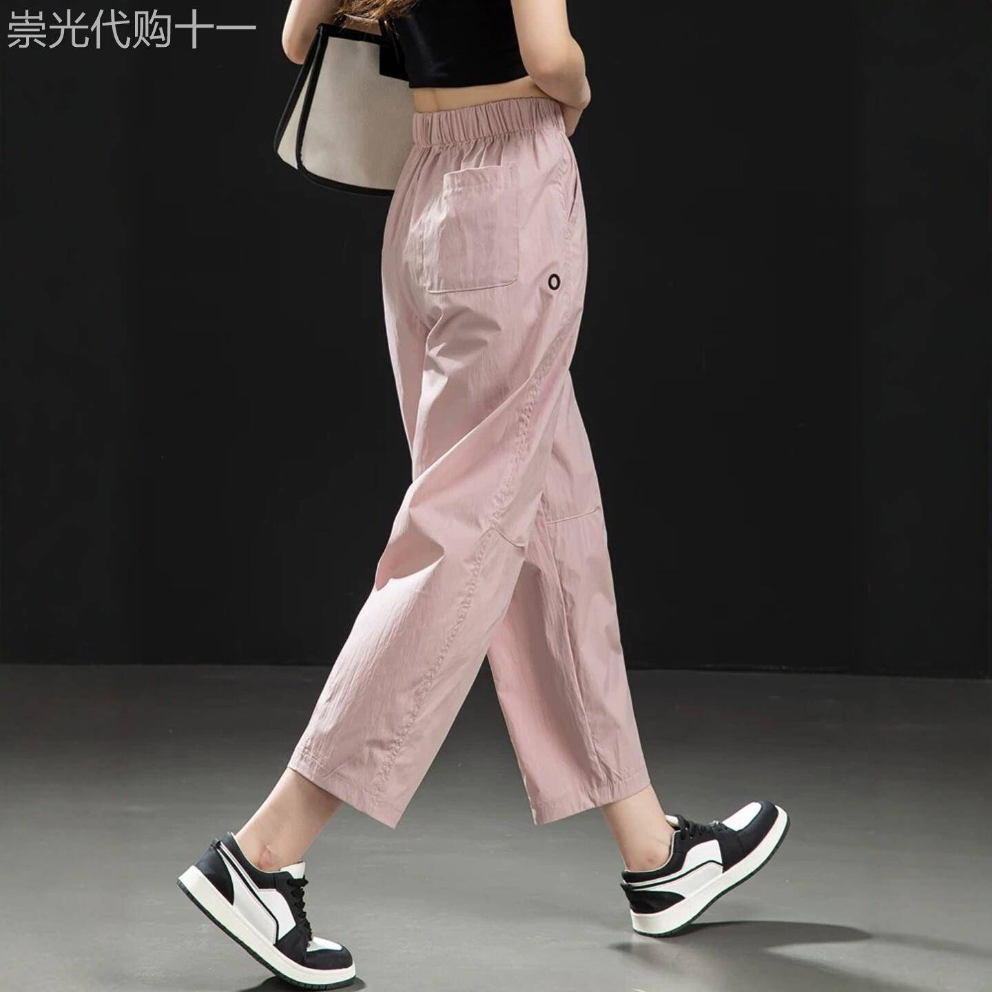 潮牌高腰粉色冰丝速干哈伦裤女夏季2026年新款宽松显瘦罗卜休闲裤