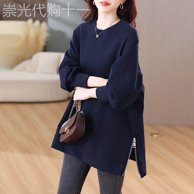 圆领长袖厚棉T女春秋新款宽松加肥加大码设计感小众开叉中长版上