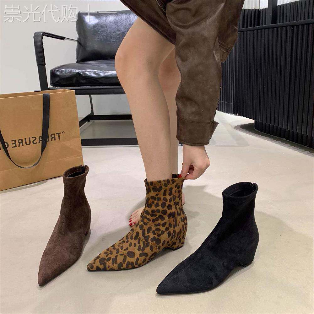香港内增高尖头小踝靴女秋冬2025新款豹纹时尚百搭短靴弹力瘦瘦靴