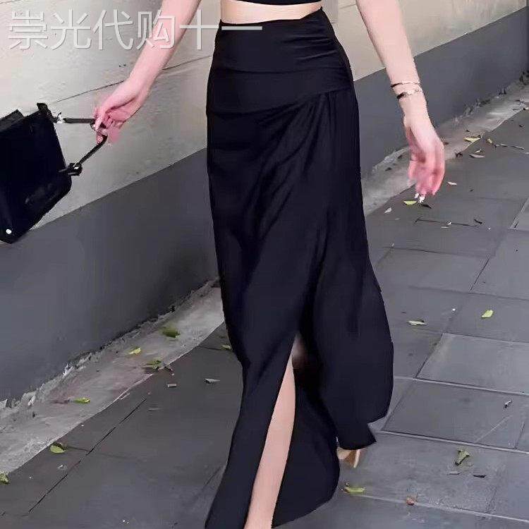 韩国黑色半身裙女2025夏季新款高腰垂感遮胯显瘦宽松侧开叉a字裙