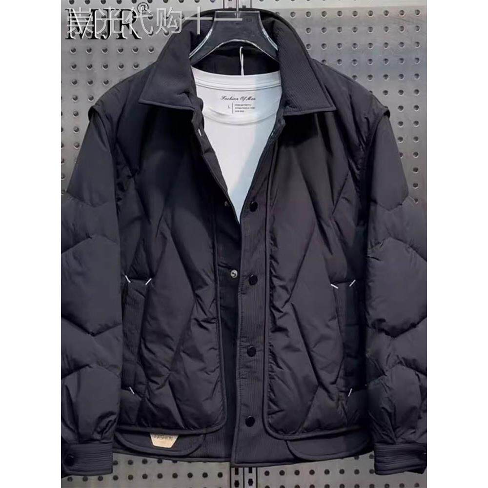 高端轻薄羽绒棉服男款冬季潮牌假两件翻领外套男士保暖短款棉衣服