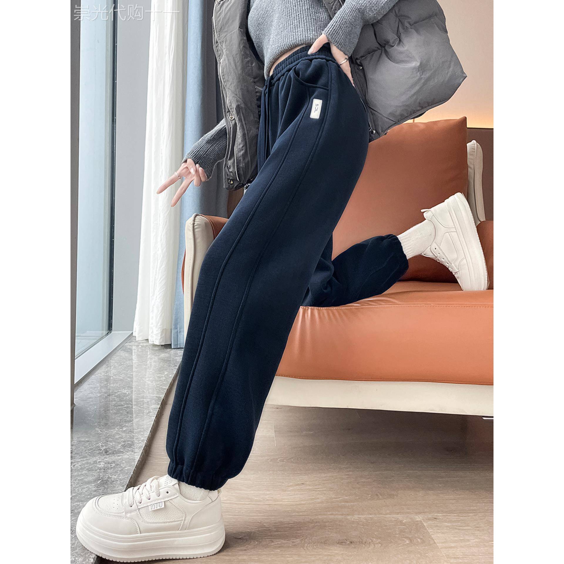 窄版运动裤女2023新款秋冬加长裤子女高个子加绒宽松显瘦束脚卫裤