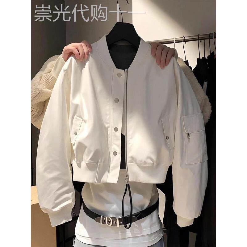 白色短款长袖棒球服外套女春秋欧货宽松拉炼飞行员小香风夹克上衣
