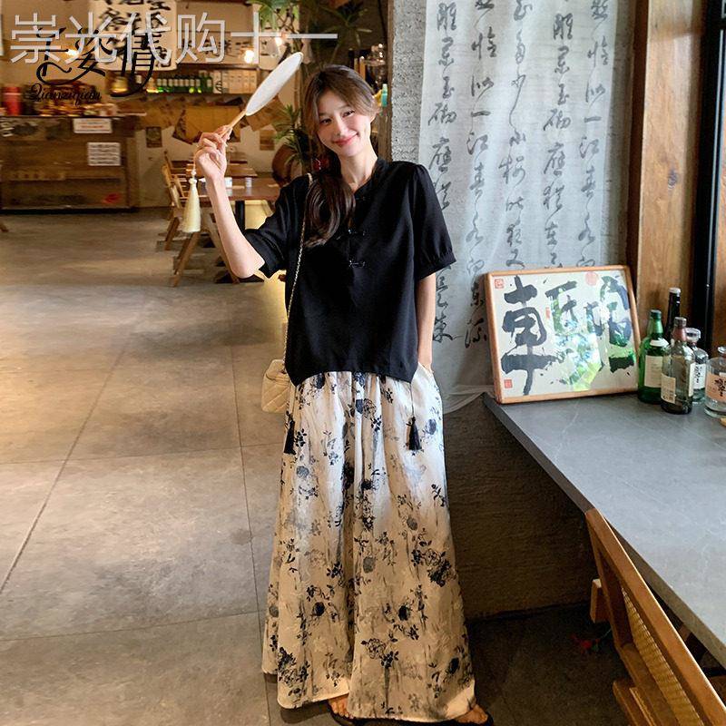 新中式国风套装夏气质高级感阔腿裤高腰显瘦垂感水墨画裤裙两件套