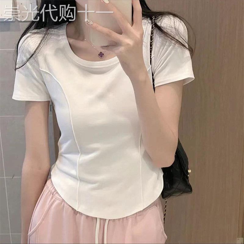棉质白色短袖T恤女夏弧形下摆正肩T恤上衣修身鱼骨短款辣妹小衫