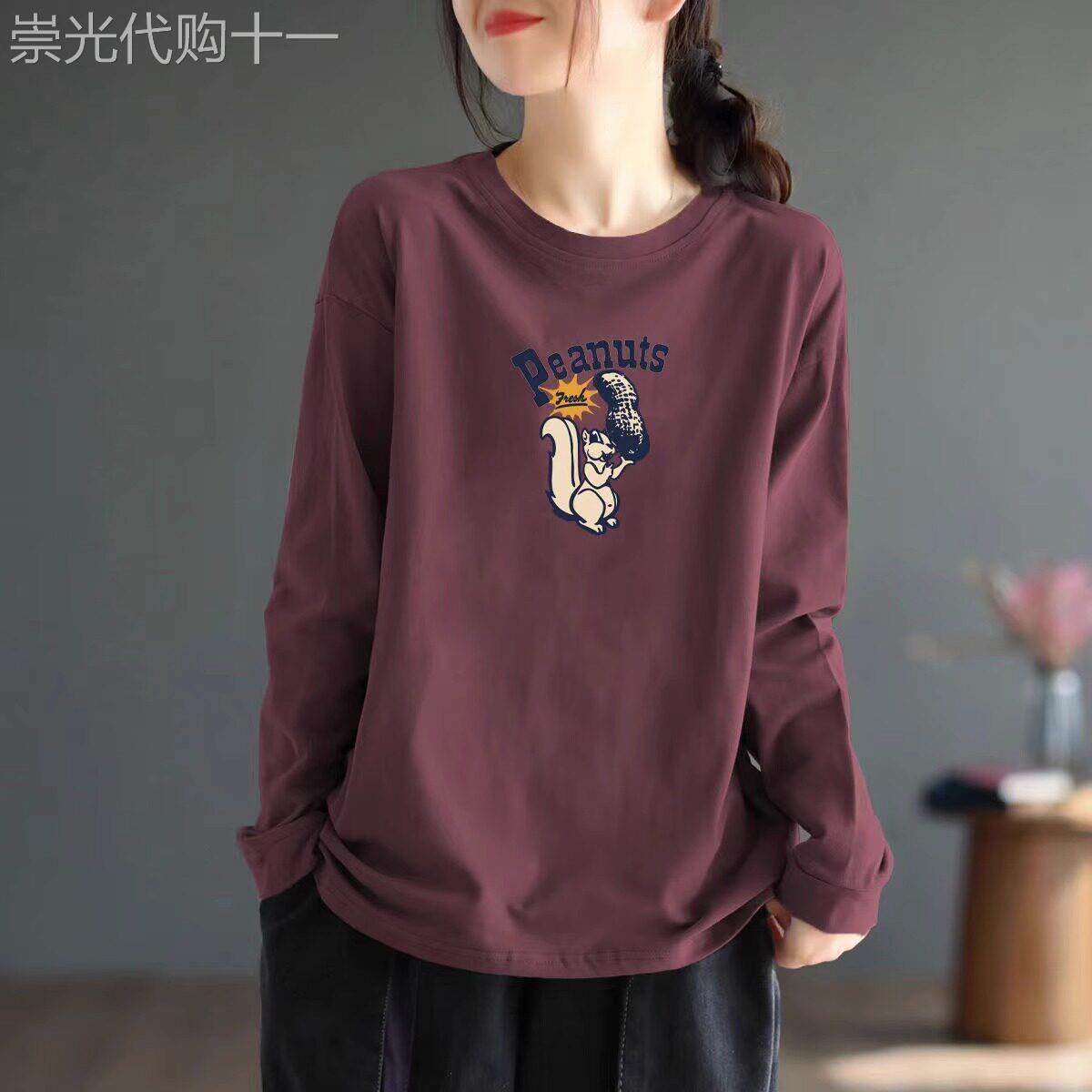 纯棉长袖t恤女秋冬季2025新款休闲宽松显瘦大码圆领打底体恤上衣