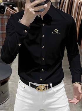 轻奢高级感免烫抗皱弹力长袖衬衫男修身高端新款商务休闲衬衣男潮