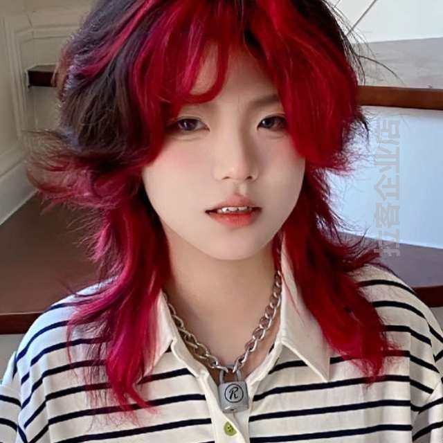 男女假发短发头套全网红鲻通用狼尾动漫夏日cos帅气红色鱼头挑染