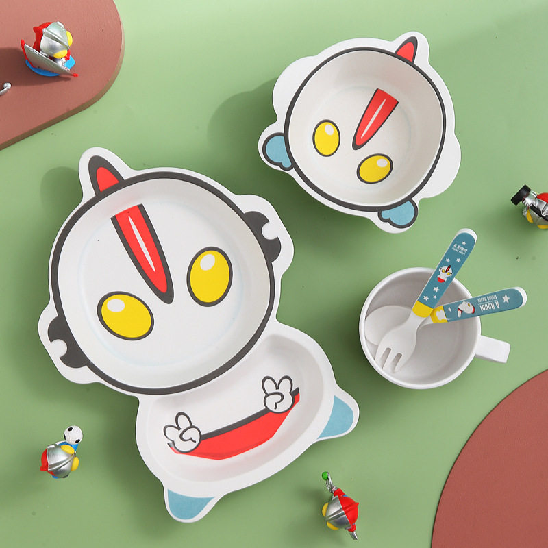 竹纤维儿童餐具卡通可爱防摔分格盘子宝宝辅食吃饭碗勺套装奥特曼