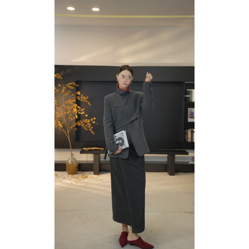 DENGDAHA「北海道晨雾」摩登风 不对称束带毛呢外套 HBZW800120