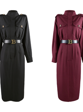 秋季复古风金属扣肩章收腰系带连衣裙YHBZX710044【赠送腰带