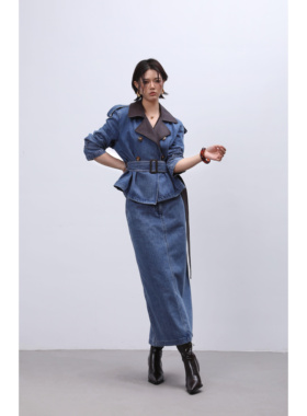 DENGDAHA「」复古港风秋季牛仔外套半裙两件套时尚套装HBZW800036