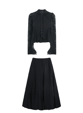 DENGDAHA「浮华若梦」优雅风 蕾丝拼接上衣半身裙套装HBZW800231