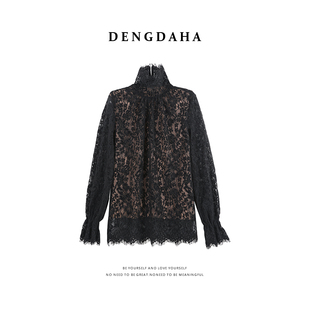 DENGDAHA「幽紫鸢尾」通勤风 高领上衣花纹肌理内搭HBZW800204