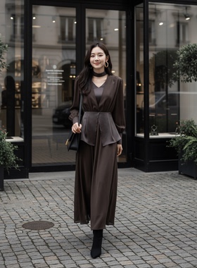 2025秋季复古优雅风拼接上衣纱网中长裙假两件连衣裙HBZW800035