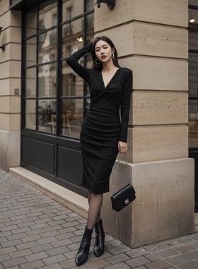 御姐风气质扭结缩褶人棉连衣裙HBZXP622333