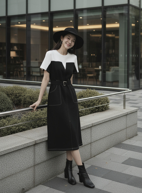 2025新款高级感轻奢韩系ins百搭短袖收腰中长裙子HCZW651928