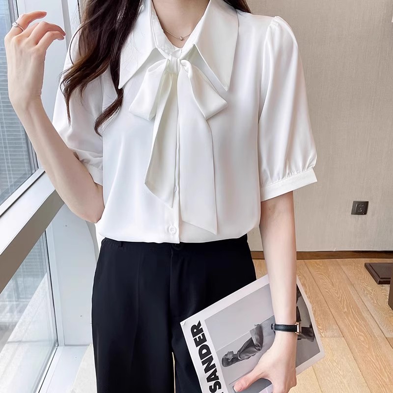 Commuter Style White Bow Short-Sleeved Shirt for Women, Summer Plus Size Formal Interview Wear, Elegant Puff-Sleeved Shirt