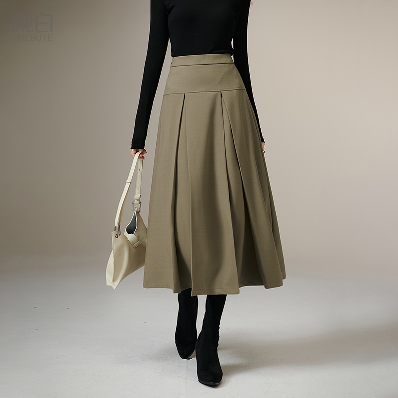 晚白高腰大摆褶皱半身裙