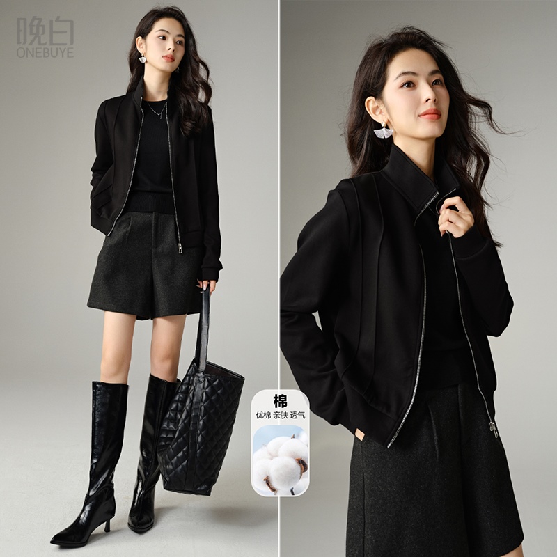 晚白立领棉质夹克外套