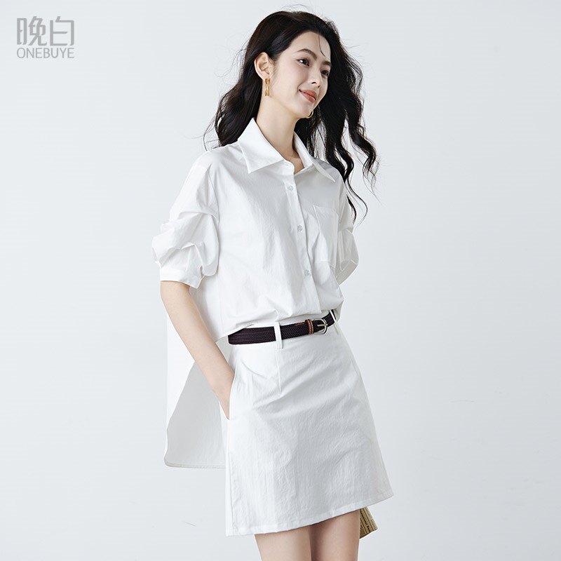 晚白法式轻职场穿搭白色套装裙2026夏新款假两件含腰带连体衬衫裙