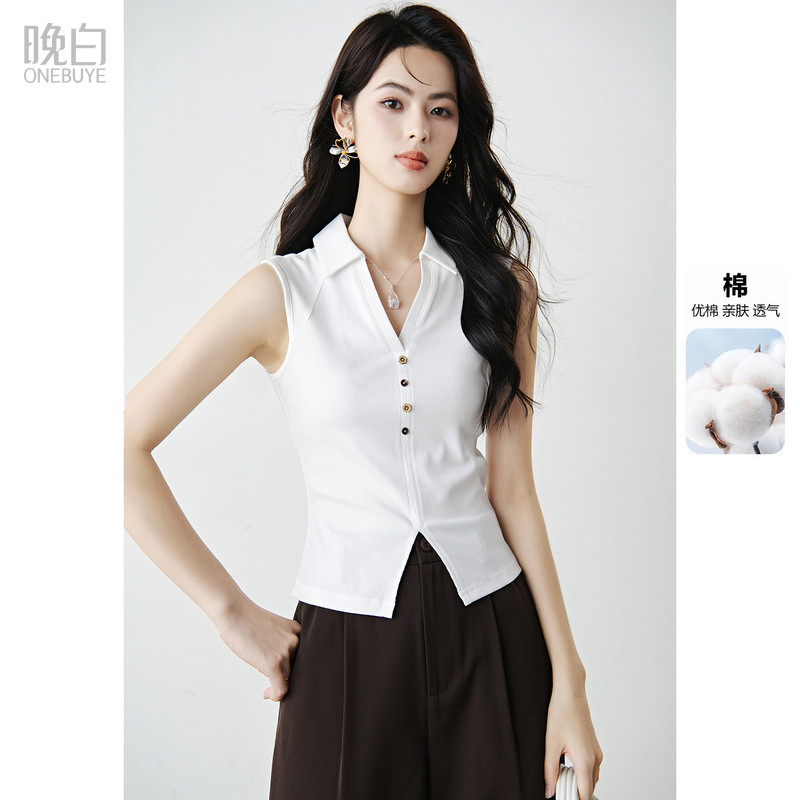 晚白冰丝加棉polo领无袖T恤女2026夏修身打底衫翻领背心上衣