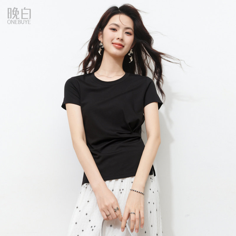 晚白圆领基础常规显瘦小黑T恤
