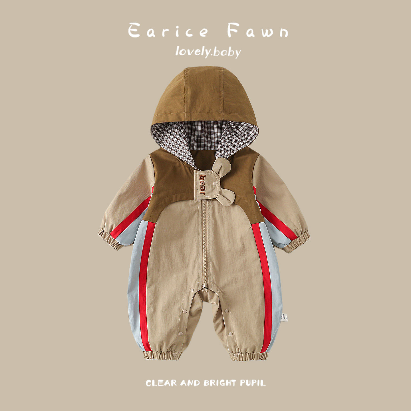 新生婴儿春款连体衣外穿拼色连帽爬爬服男女宝宝满月百天洋气衣服