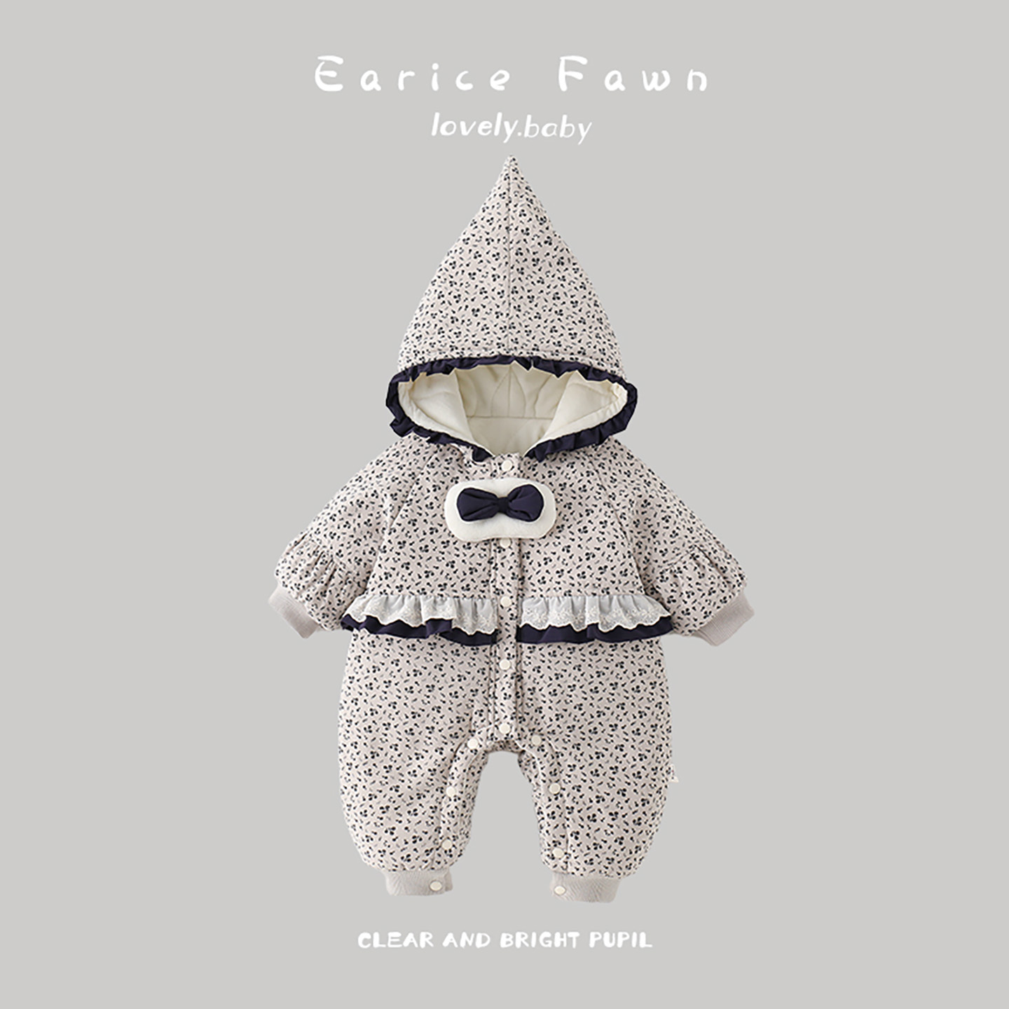 女婴秋冬棉服加绒加厚连体衣洋气可爱冬季夹棉连帽花边外套爬服抱