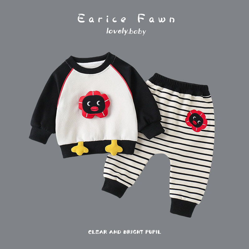 婴儿衣服宝宝立体条纹长袖套装秋季新款休闲长裤两件套外出爬爬服