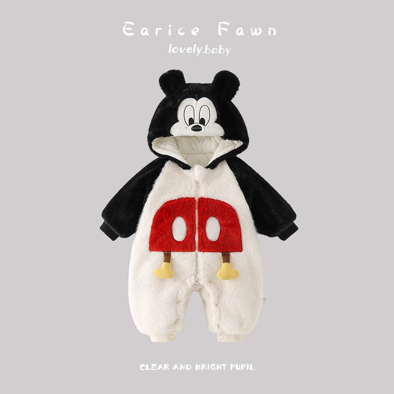 婴儿加厚加绒连体衣雪服冬装衣服新生外出爬爬服男女宝宝夹棉哈衣