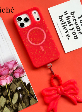 CLICHE 手机壳适用iPhone17 pro max软硅胶金粉蝴蝶结吊饰圣诞红磁吸苹果全包边防摔手机壳保护套