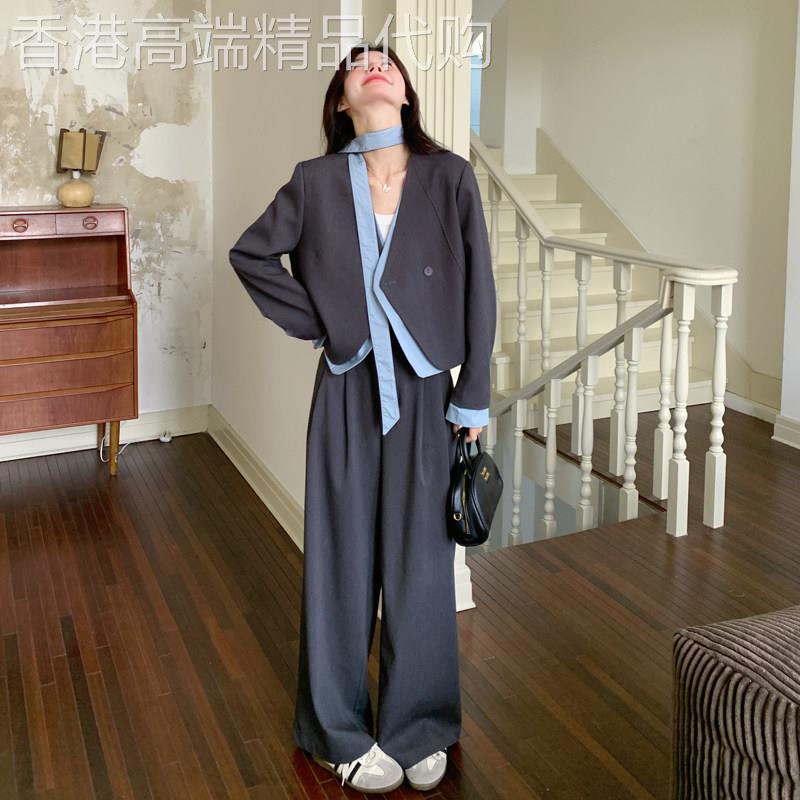 灰色高级感拼接西装套装女2026春季新款韩系飘带西服阔腿裤两件套