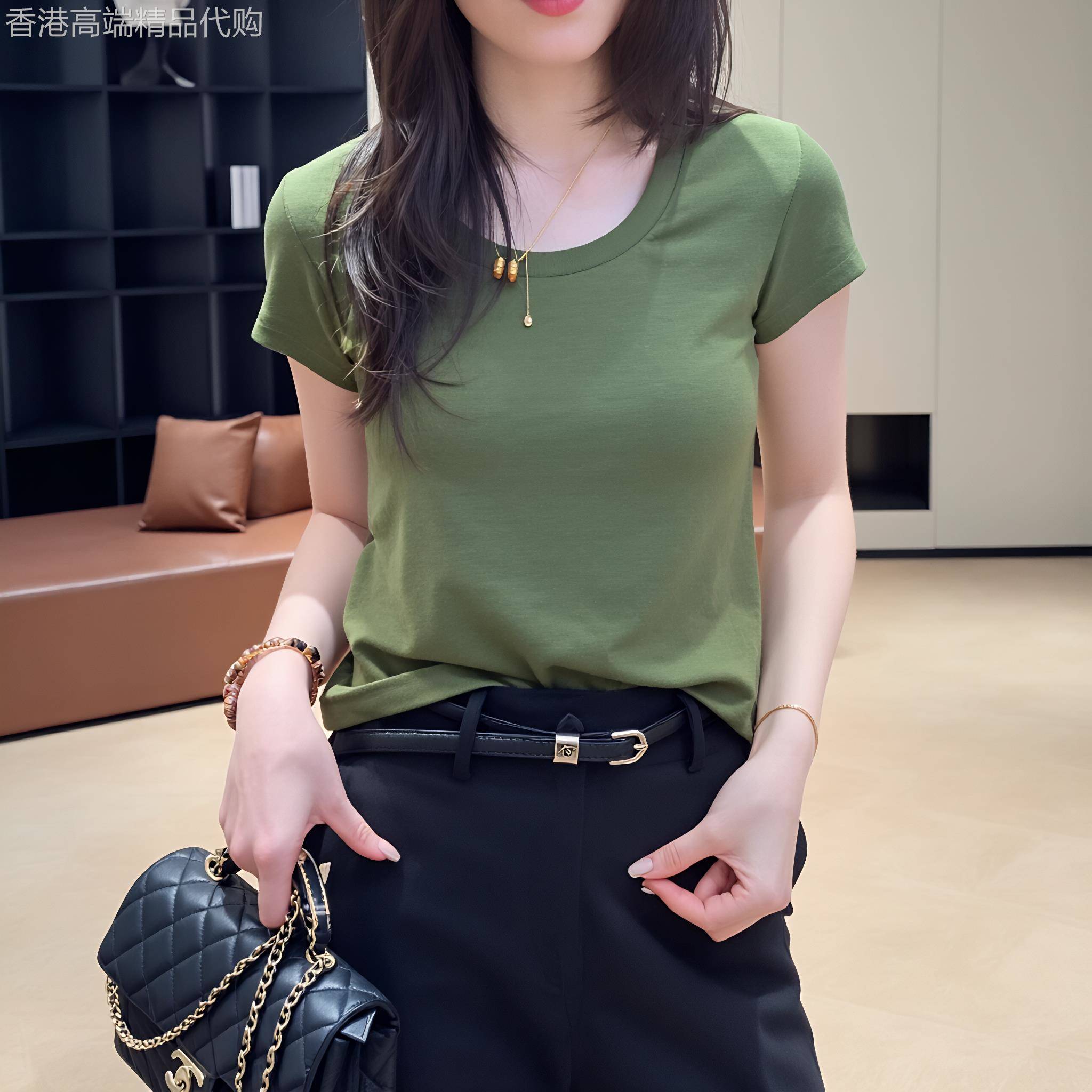 绿色u领正肩短袖t恤女夏季薄款2026新款大码显瘦宽松百搭圆领上衣